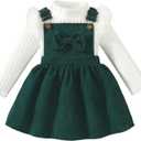 Toddler Baby Girl Outfits Long Sleeve Ribbed T-Shirt Bow Overall Dresses Suspender Skirt Set Fall Winter Clothes (12-18 Months, Green)