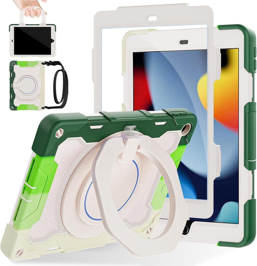 ROISKIN for iPad 10.2 Case 9th 8th 7th Generation with Screen Protector [15ft Drop Protection], 360 Rotating Kickstand Shoulder Strap Hand Grip Pencil Holder Kids Case for iPad 10.2 inch Case (Green)