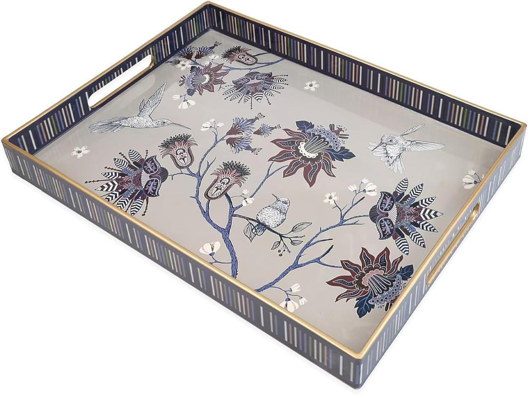 Omuriko Rectangle Plastic Serving Tray with Handles, Elegant Decorative Tray for Coffee Table, Ottoman, Living Room, Kitchen, Outdoor Use. 12"*16"*1.6" A