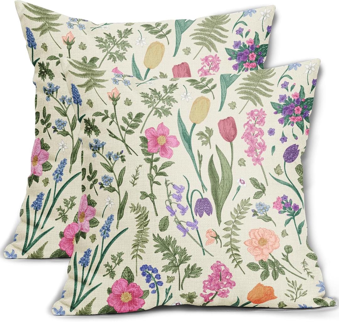 Spring Floral Pillow Covers 22x22 Inch Set of 2 Watercolor Pink Flowers Sage Green Leaves Vintage Botanical Plants Print Decorative Throw Pillows Seasonal Pillow Cases Couch Bed Sofa Decor