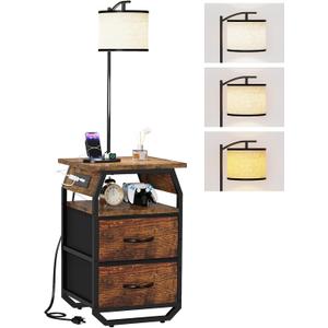 Floor Lamp with Table, End Tables with Lamps Attached 3-Color Temperature Bulb, Side Table with Lamp with 2 Drawers & Charging, Lamps Tables Combo for Bedroom, Dorm, Apartment - Rustic Brown