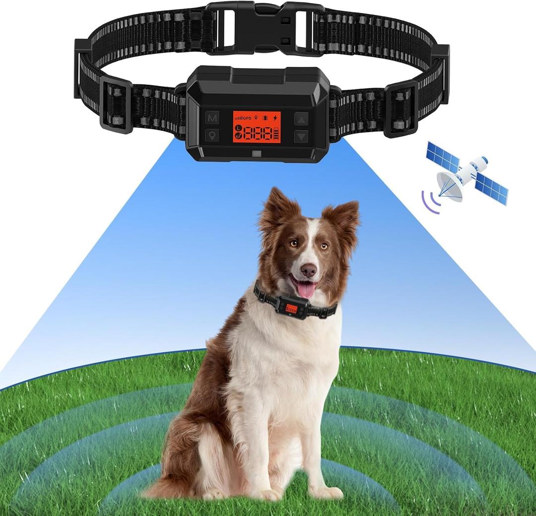 GPS Wireless Dog Fence, Electric Training Dog Collar Fence System for Dogs and Pets with Waterproof & Rechargeable Collar Receiver, Adjustable Warning Strength, Radius up to 1000 Yards