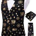 Hi-Tie Suit Vest for Men Christmas Mens Suit Vest Casual 5 PCS V-Neck Vest Tie& Bow Tie Hanky Cufflink Set for Party (XX-Large, Black and Gold)