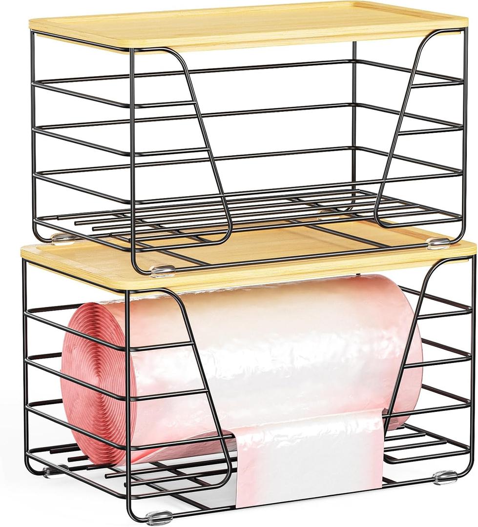 2 Pack Stackable Trash Bag Holder, Wall Mount Garbage Bag Dispenser with Bamboo Top, Trash Bags Organizer Under Sink (Black-2 Pack)