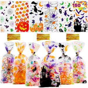 JOYIN 150 PCS Halloween Cellophane Candy Bags, Clear Treat Bags with Twist Ties, Halloween Trick or Treating Goodie Bag, Non Candy Cookie Bag Bulk for Kids Classroom Party Favors Supplies in 6 Design