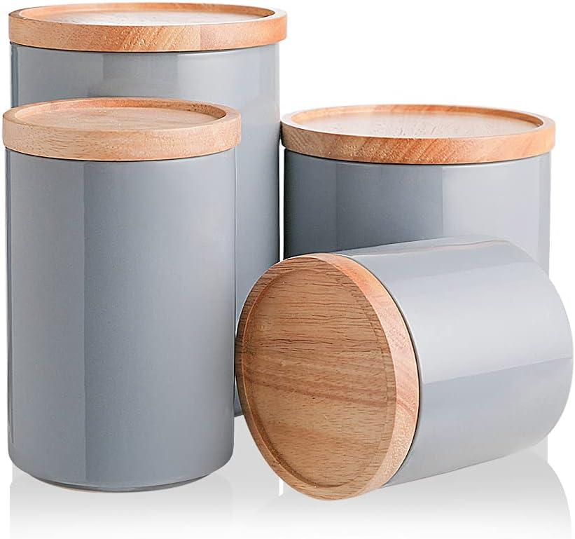 Sweejar Kitchen Canisters Ceramic Food Storage Jar Set, Stackable Containers with Airtight Seal Wooden Lid for Serving Ground Coffee, Tea, Herbs, Grains, Sugar, Salt - Set of 2 (Gray), 16oz,  39oz, 