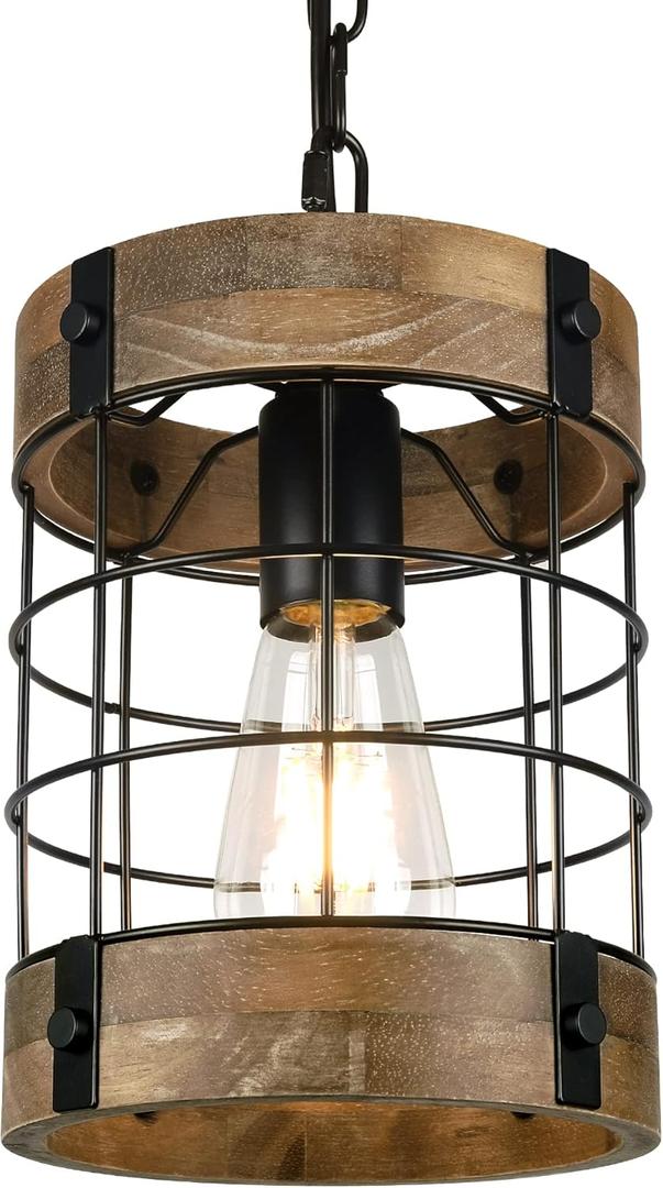 Rustic Pendant Light Fixtures, Farmhouse Kitchen Wood Hanging Lighting, Industrial Round Cage Chandelier for Entryway Hallway Dining Room Bedroom Foyer