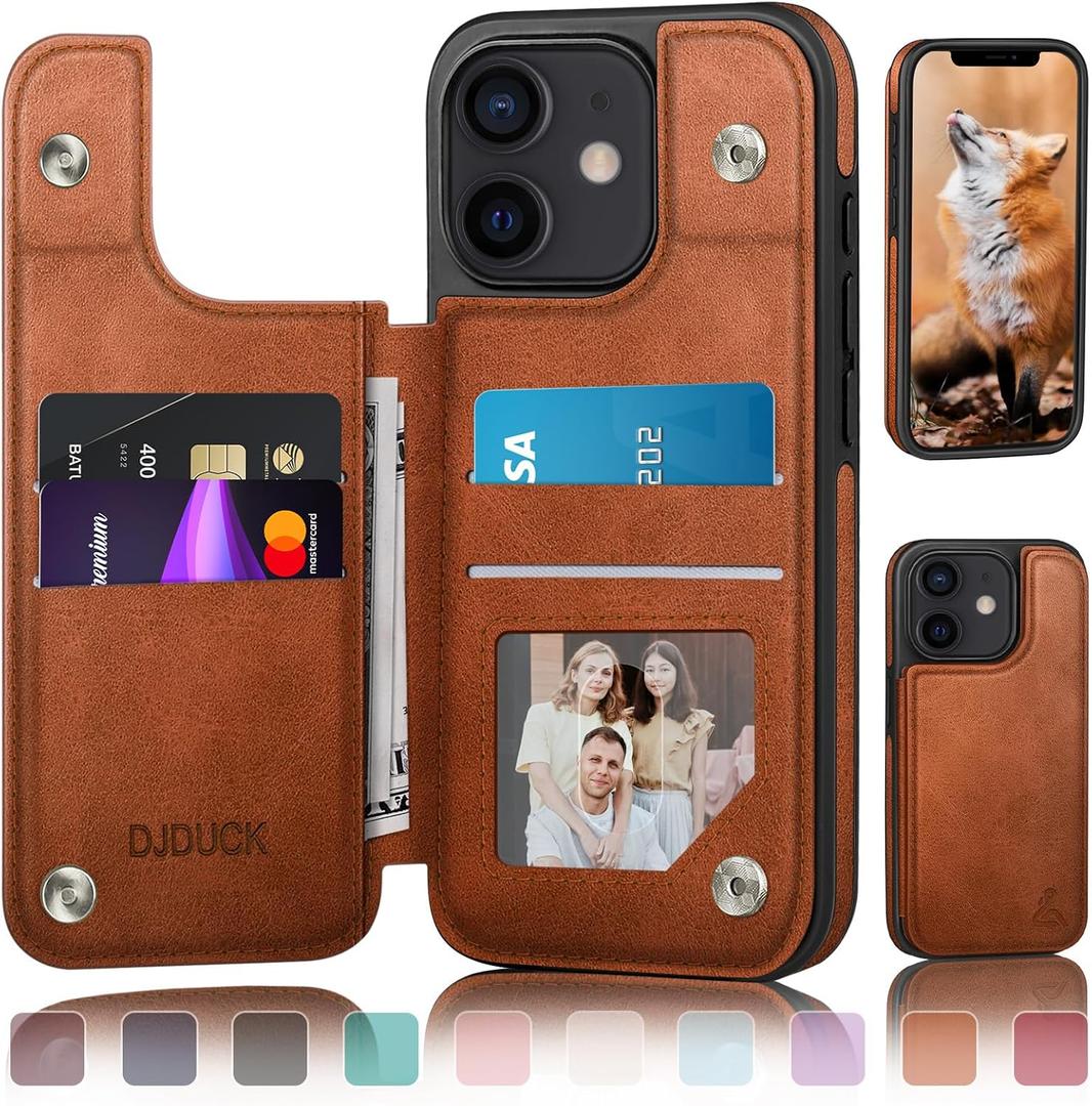DJDUCK Designed for iPhone 12/12 Pro Case Wallet with Card Holder, [Magnetic Clasp Cover] [RFID Blocking Leather Protection] Shockproof Women Men Cases 6.1 Inch for Apple 12 Light Brown