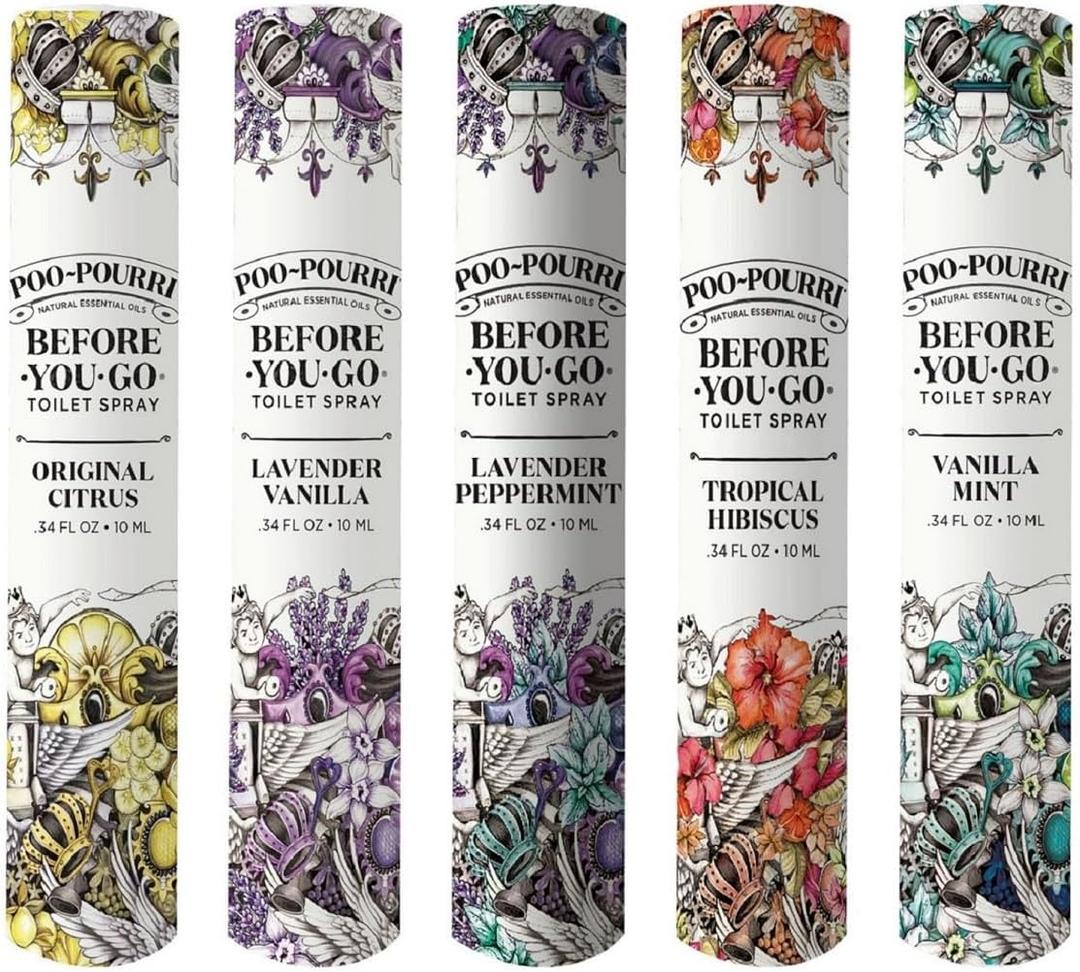 Poo-Pourri Before-You-Go Toilet Spray, Travel Essentials, .34 Fl Oz, In A Pinch Variety 5 Pack, Each Up to 20 Uses, On-The-Go Bathroom Odor Deodorizer with Essential Oils, TSA Approved Size, 5 Scents