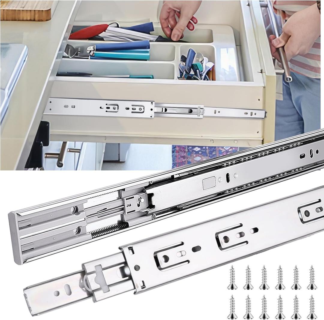 14 inch 2pcs Soft Close 3 Fold Full Extension Ball Bearing Side Mount Drawer Slides 100 LB Capacity Silver