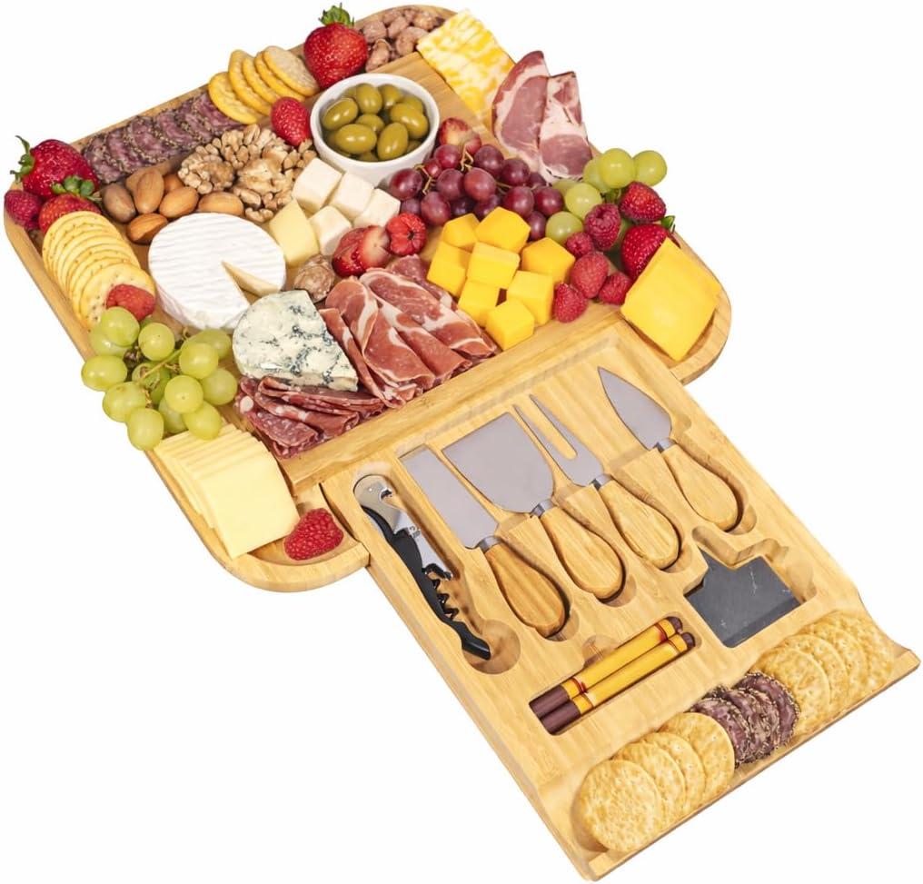 Charcuterie Board Set  Bamboo Cheese Board with Slide-Out Drawer & Knife Set  Wedding & Housewarming Gift  Large Serving Platter for Entertaining & Parties (Plain  No Engraving)