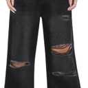 Distressed Wide Leg Jeans for Women High Waisted Loose Ripped Boyfriend Jeans Y2K Stretch Denim Pants (Black, XXL)