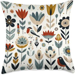 Flowers Birds Nature, For Her Women Scandinavian Art Floral Throw Pillow