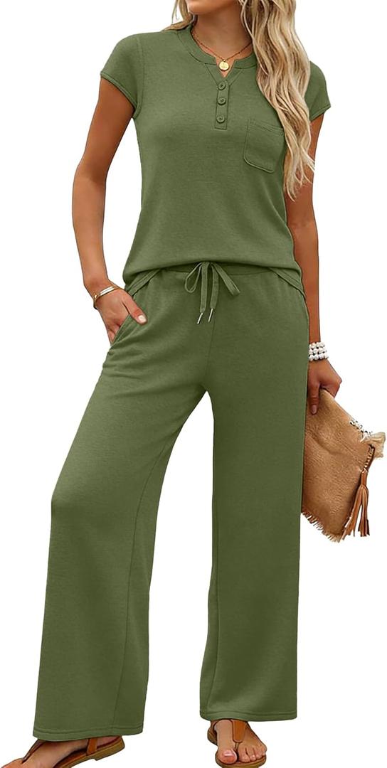 Casly Lamiit 2 Piece Lounge Sets for Women Summer Outfits Travel Airport Henley Sweatsuit Casual Wide Leg Crop Pants 2026 (Green, XL)