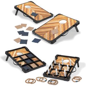 EastPoint 3-in-1 Bean Bag Toss Game Set - 2-Pack 23.5" x 17", Rustic Wood, Portable Carry Handles for Bag Toss - Versatile 3-in-1 Cornhole Sets & Ring Throw, Quick-Setup Flip-Out Legs for Outdoor Game
