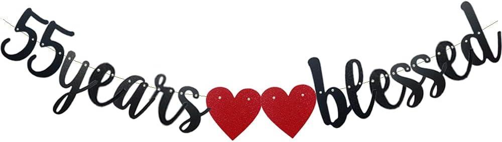 55 Years Blessed Banner,Pre-Strung, Black Paper Glitter Party Decorations For 55TH Wedding Anniversary 55 Years Old 55TH Birthday Party Supplies Letters Black ZHAOFEIHN