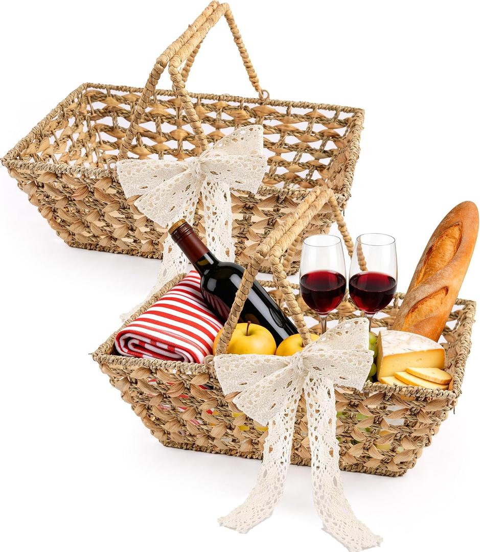 Wicker Picnic Basket with Handle, 15.7" Large Empty Picnic Basket with Wooden Base & Lace, Vintage Hand Woven Basket for Picnics, Camping, Veg Picking, Mother's Day, Thanksgiving (2 Pack)