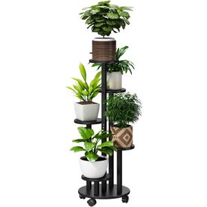 FILWH Plant Stand For Outdoor Indoor Tall Bamboo Flower Stand with Wheels Plant Shelf Pot Holder Plants Corner Display Rack for Balcony Garden Patio, (Black)