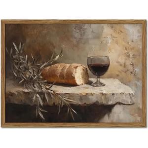 Christian Kitchen Communion Still Life Wall Art Bread and Wine Religion Wall Decor Painting Last Supper Dining Room Poster Canvas Print Cuadro Para Comedor for Farmhouse 16x24 inch Wood Framed