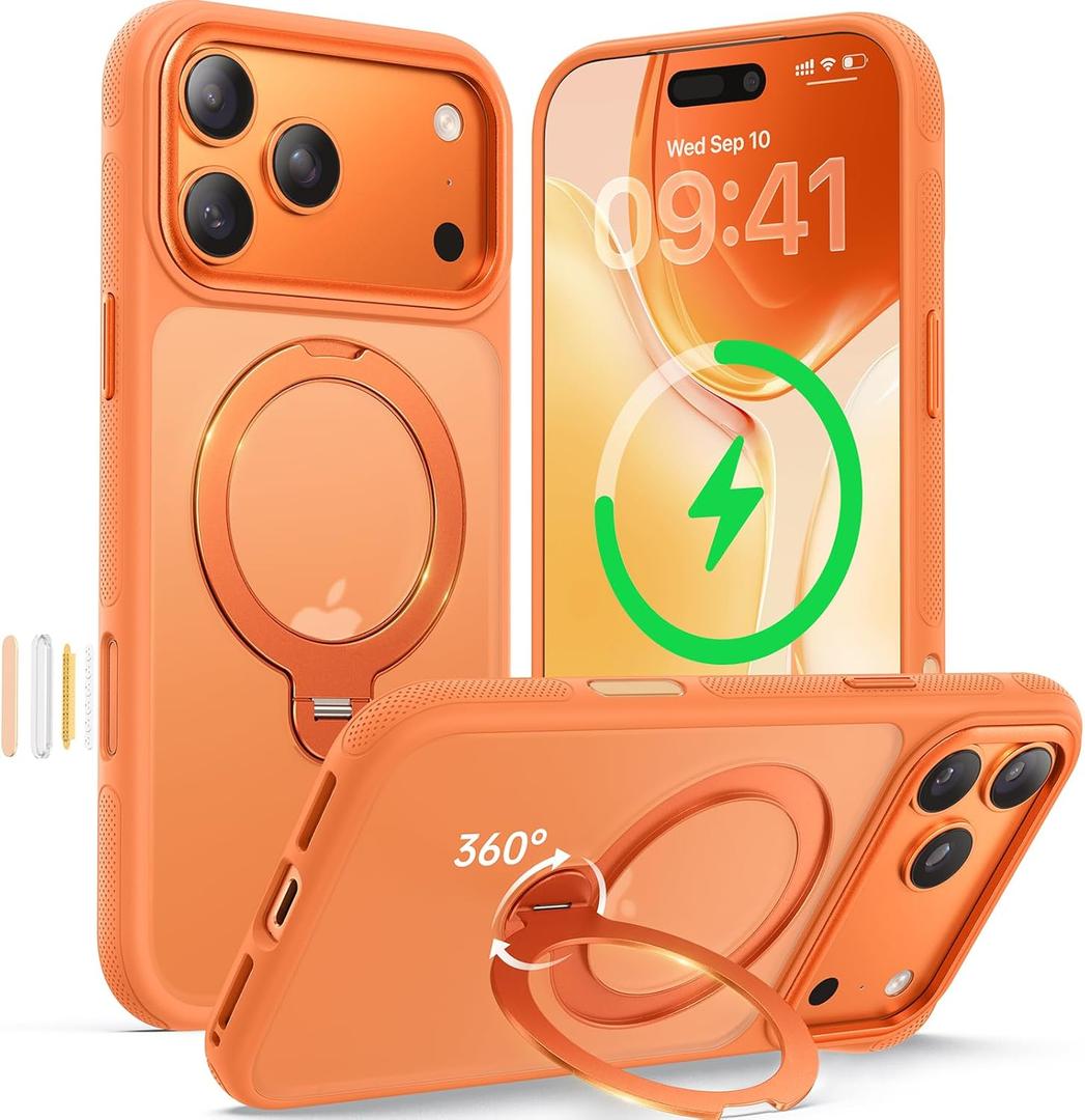 360 Magnetic Stand for iPhone 17 Pro Max Case, [Fit for MagSafe][Camera Control Button] Mil-Grade Protection Shockproof Slim Translucent Matte Ring Kickstand 17 Pro Max Case 6.9 Inch, Cosmic Orange
