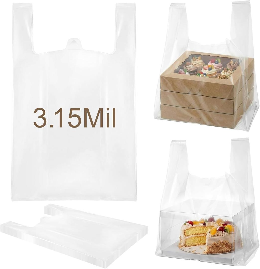 50 Pcs 3.15 Mil Large Plastic Take out Bags with Handles Heavy Duty Clear Shopping Bag Widened Grocery Bags for Pizza Bakery Cake Box (13.8"x10"x23.5")