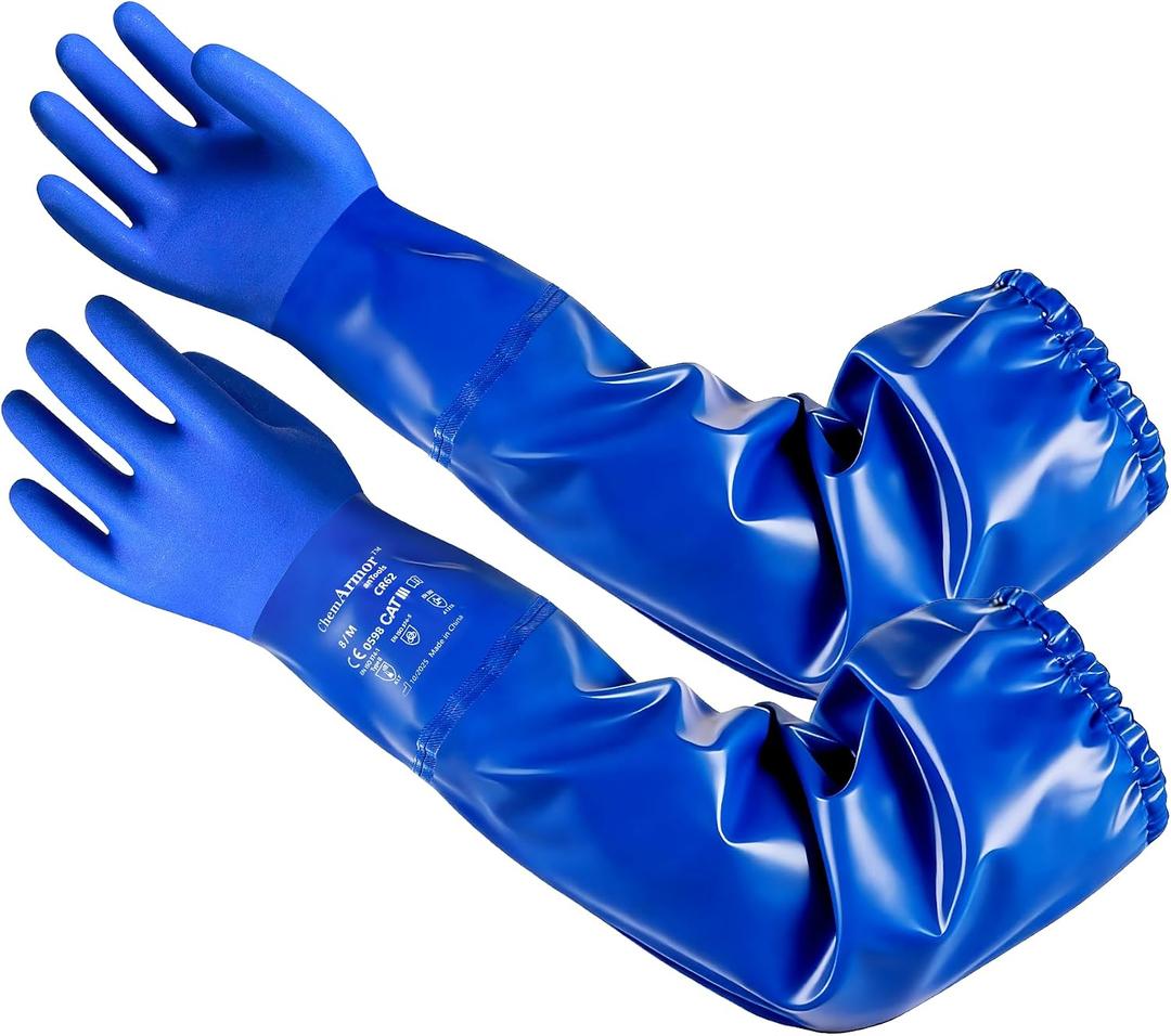 AnTools 25" Heavy-Duty PVC Chemical Gloves, Waterproof Long-Sleeve Work Gloves with Cotton Liner and Non-Slip Grip, for Lab, Pool Cleaning, Oil, and Industrial Work, Blue, Large