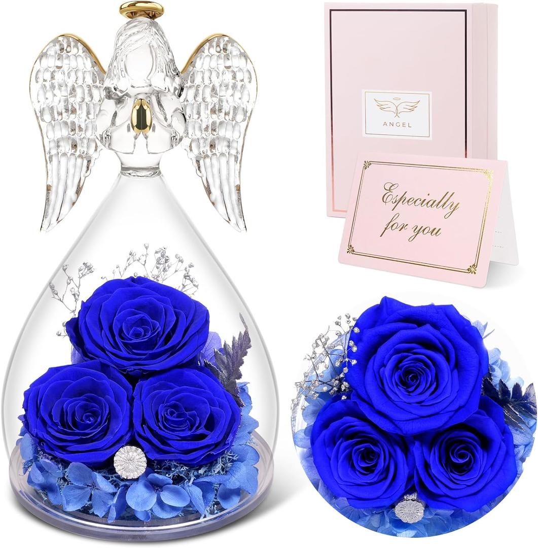 Sunia Preserved Flowers Rose Gifts for Mom, Birthday Gifts for Grandma Women, Glass Angel Figurines with Three Forever Real Roses, Fresh Flowers Gifts for Christmas Mother's Day Valentine (Blue)