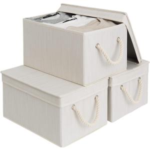 StorageWorks Storage Bins with Lids, Decorative Storage Boxes with Soft Rope Handles, Foldable Stackable Storage Baskets for Closet, Shelves, 3-Pack, Ivory and White, Large