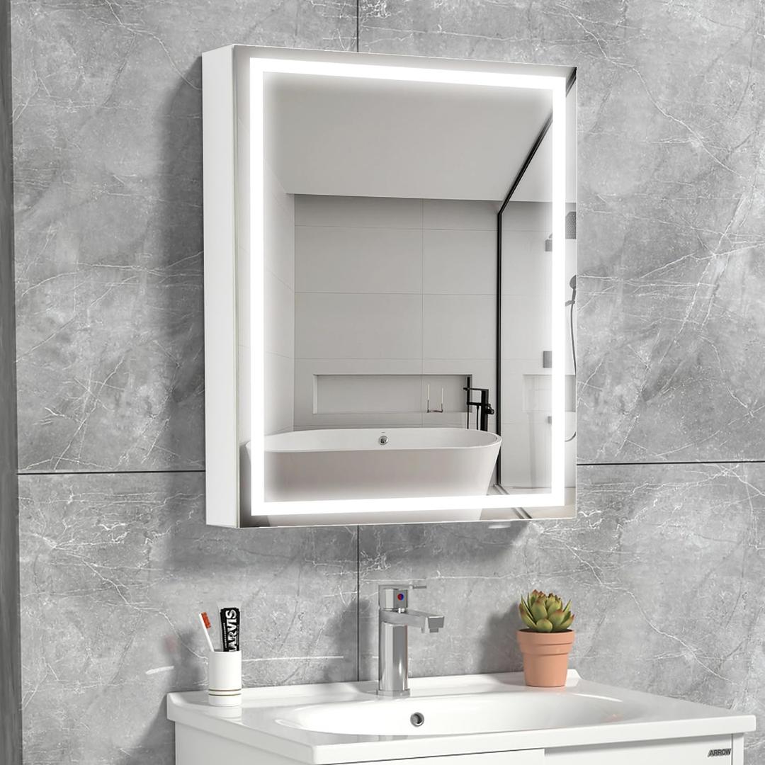 28 x20 Inch LED Medicine Cabinet Lighted Bathroom Mirror, Defogger, Stepless Dimmable, 3000K/5500K Color Temperature Wall Mounted Makeup Mirror, Adjustable Shelf (Assembly Required) (28x20 inch)