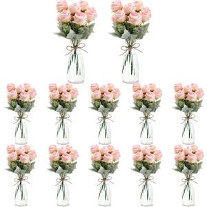 Zeyune 36 Pack Artificial Rose Flowers with Vase Bulk for Table Centerpiece Wedding 24 Bundles Silk Floral Faux Rose Bouquet 12 Plastic Vase with Rope for Bridal Shower Table Decor(Light Pink)