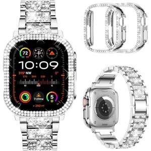 Mosonio Compatible with Apple Watch Band 38mm 40mm 41mm 42mm 44mm 45mm 46mm 49mm with 2 Pack Case Women, Jewelry Replacement Metal Bands Strap with Bling PC Protective Case for iWatch Ultra SE Series 11/10/9/8/7/6/5/4/3/2/1 (Silver)