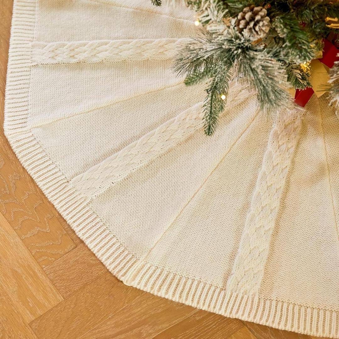 36 Inch White Knitted Christmas Tree Skirt: Small Thick Cable Knit Round Cream Tree Skirt Rustic Neutral Farmhouse Neutral Christmas Decor Tree Base Cover Xmas Home Decorations