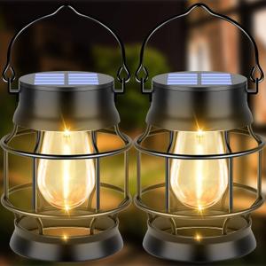 UBright 2 Pack Solar Lantern Lights Outdoor Waterproof Metal Hanging Solar Lights for Outside Retro Design with Edison Bulb Outdoor Lanterns Decorative for Patio Porch Garden Lawn (Warm White)