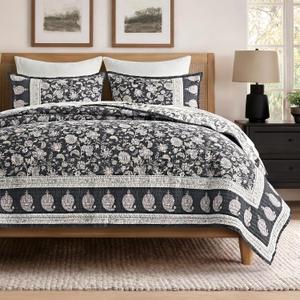 100% Cotton Floral Quilt Set, King Size, Dark Charcoal 108"×96"
Reversible Lightweight Bedspread Coverlet, Vintage Floral Farmhouse Bedding, Traditional Botanical Quilt with 2 Pillow Shams