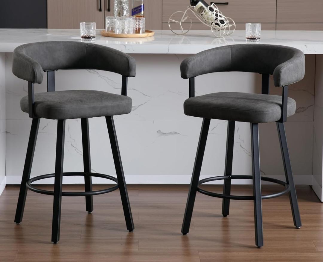 Modern Counter Height Bar Stools Set of 2 PU Leather Barstools with Backs/Metal Legs/Footrest Upholstered Counter Stools Bar Chairs for Dining/Home Bar/Kitchen Island/Pub, 25 Inch, Dark Grey (2PCS, Dark Grey- Pu Leather)