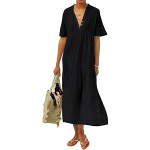R.Vivimos Womens Summer Cotton Flowy Maxi Dress Short Sleeve V Neck Empire Waist Boho Tiered Ruffle Casual Loose Long Dresses XL