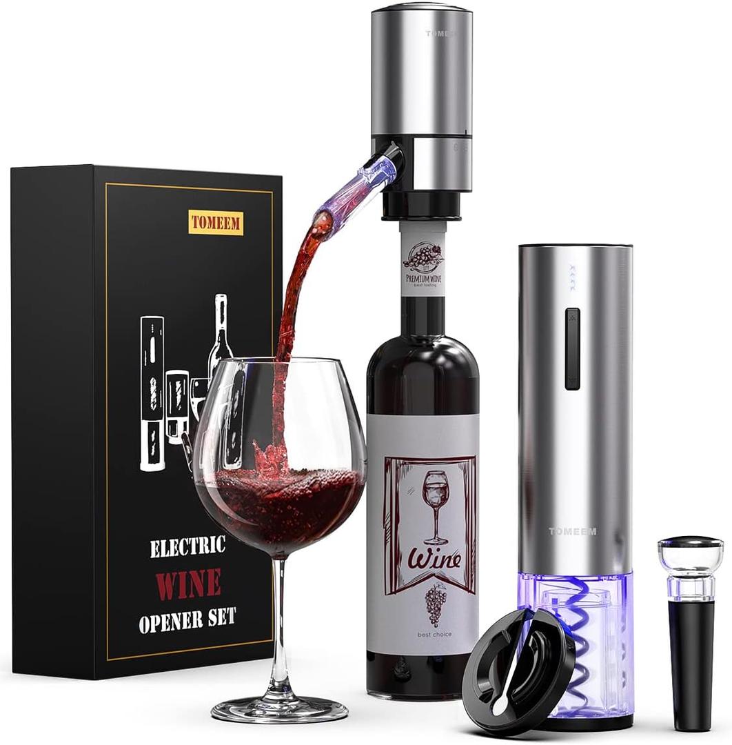 Rechargeable Electric Wine Gift Set - Aerator, Vacuum Stoppers, Foil Cutter and Bottle Opener for Home Bar and Outdoor Parties (Silver)