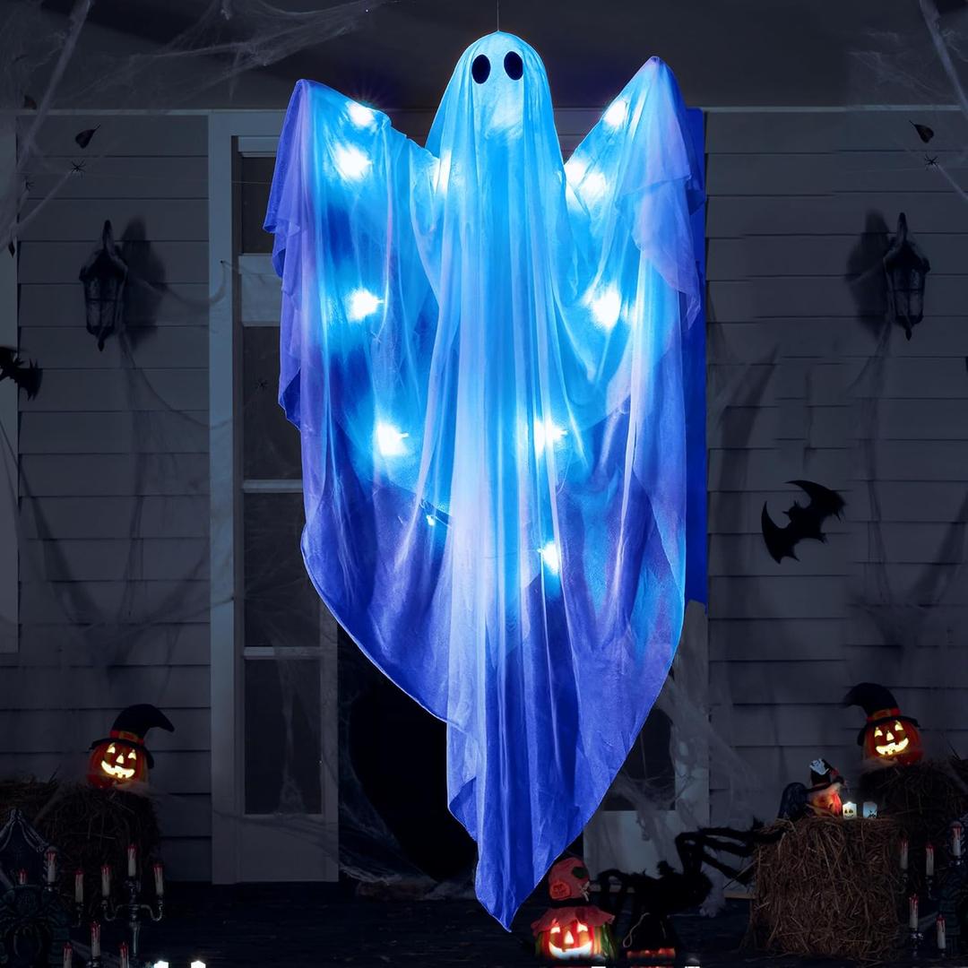 JOYIN Halloween Hanging Light up Ghost with Spooky Blue LED Light, 47 White Ghosts Halloween Hanging Decoration for Front Yard Patio Lawn Garden Party Decor Indoor Outdoor
