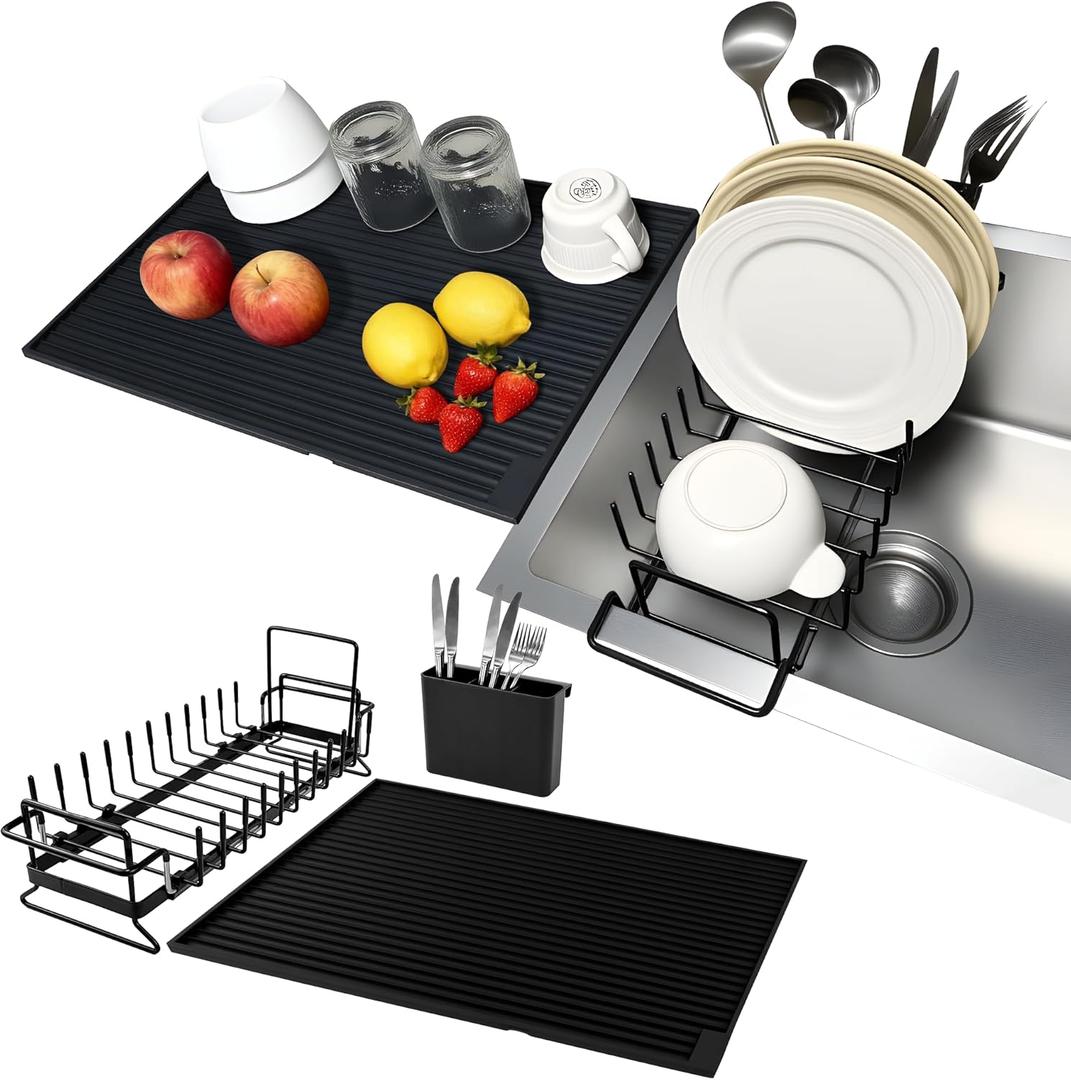 Dish Drying Rack, Stainless Steel Expandable in Sink & Countertop, Space Saving with Silicone Mat and Drying Rack for Kitchen, Rv, Commercial Use