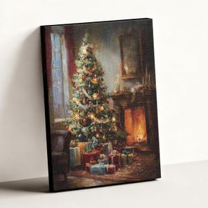 ARPEOTCY LED Framed Christmas Tree Art Decor, Winter Vintage Fireplace Cozy Pictures, 16x20 Inch, Battery Operated(exclude), Xmas Decoration Gifts for Living Room Bedroom Shelf Hallway