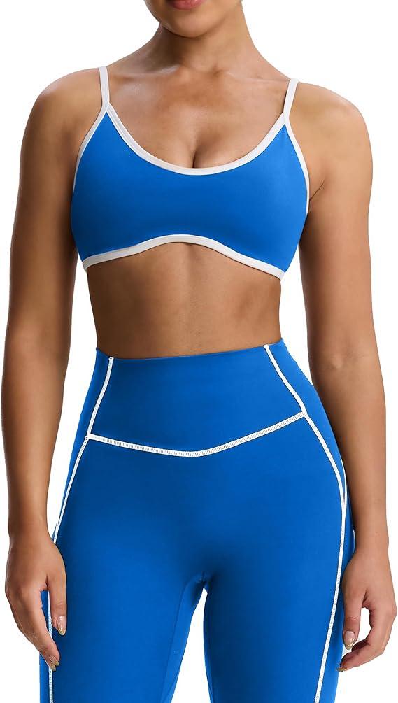 Aoxjox Blue and White Womens Sports Bra Spaghetti Straps Sexy Scoop Neck Wireless Padded Workout Yoga Crop Tops Medium