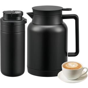 2 Pack 49oz Thermal Coffee Carafe and 15oz Insulated Water Bottle, Stainless Steel Vacuum Thermal Carafes and Water Bottle for Keeping Coffee, Tea, Water - Keep 12 Hours Hot, 24 Hours Cold (Black)