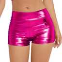 Women's Metallic Rave Booty Shorts Shiny High Waisted Bottoms for Dance Festival (Large, Hot Pink)