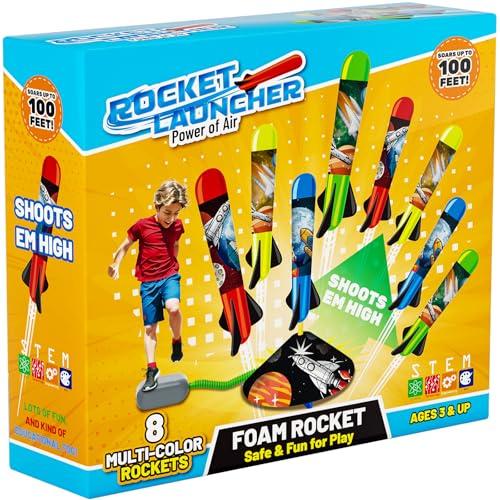 Otoseth Toys Rocket Launcher for Kids - Launch up to 100 Ft, 8 Multi-Color Foam Rockets & Adjustable Launch Stand, Kids Outdoor Toys, Age 3+