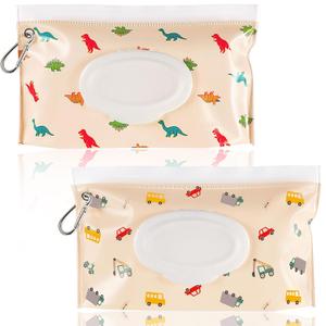 FEBSNOW 2 Pack Baby Wipes Dispenser, Portable Refillable Wipe Holder Baby Wipes Container Travel Wipes Case Reusable Wet Wipes Pouch (Dinosaur, Car) (Beige)