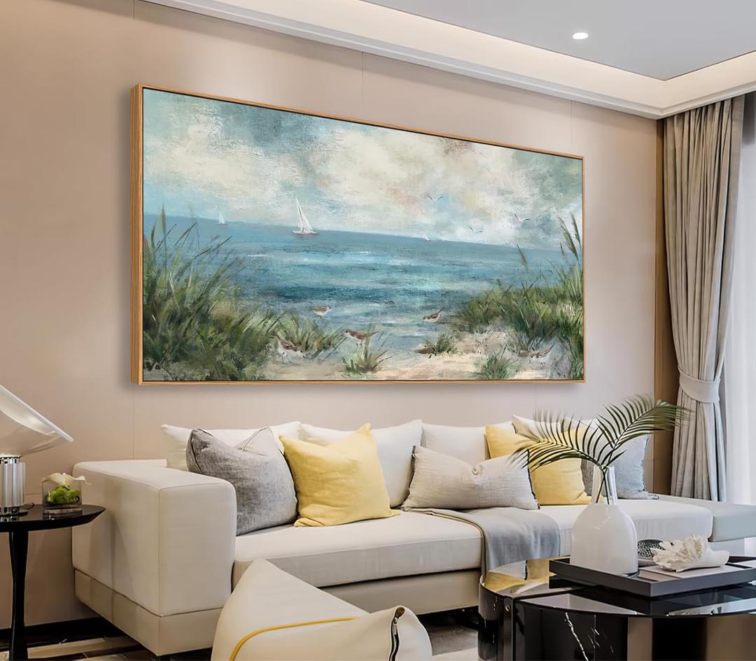 Sea Beach Framed Canvas Wall Art Vintage Seascape Prints Wall Decor Ocean Sailboat Seagull Pictures Beach Bird Reed Painting Artwork Living Room Bedroom Decoration 29" X 58"