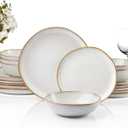 HaWare Plates and Bowls Set, Stoneware Dinnerware Sets, 18-Piece Hand-painted Dishware for 6, Scratch Resistant Ceramic Dinner Set for Home Kitchen, Microwave and Dishwasher Safe, Reactive Pearl White