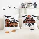 Jonhier Halloween Decorative White Throw Pillow Cover, Fall Embroidered Pumpkin Pillowcase for Sofa Couch Bed, Textured Bat Pattern Thanksgiving Cushion Home Decor (Happy Halloween, 18 x 18)