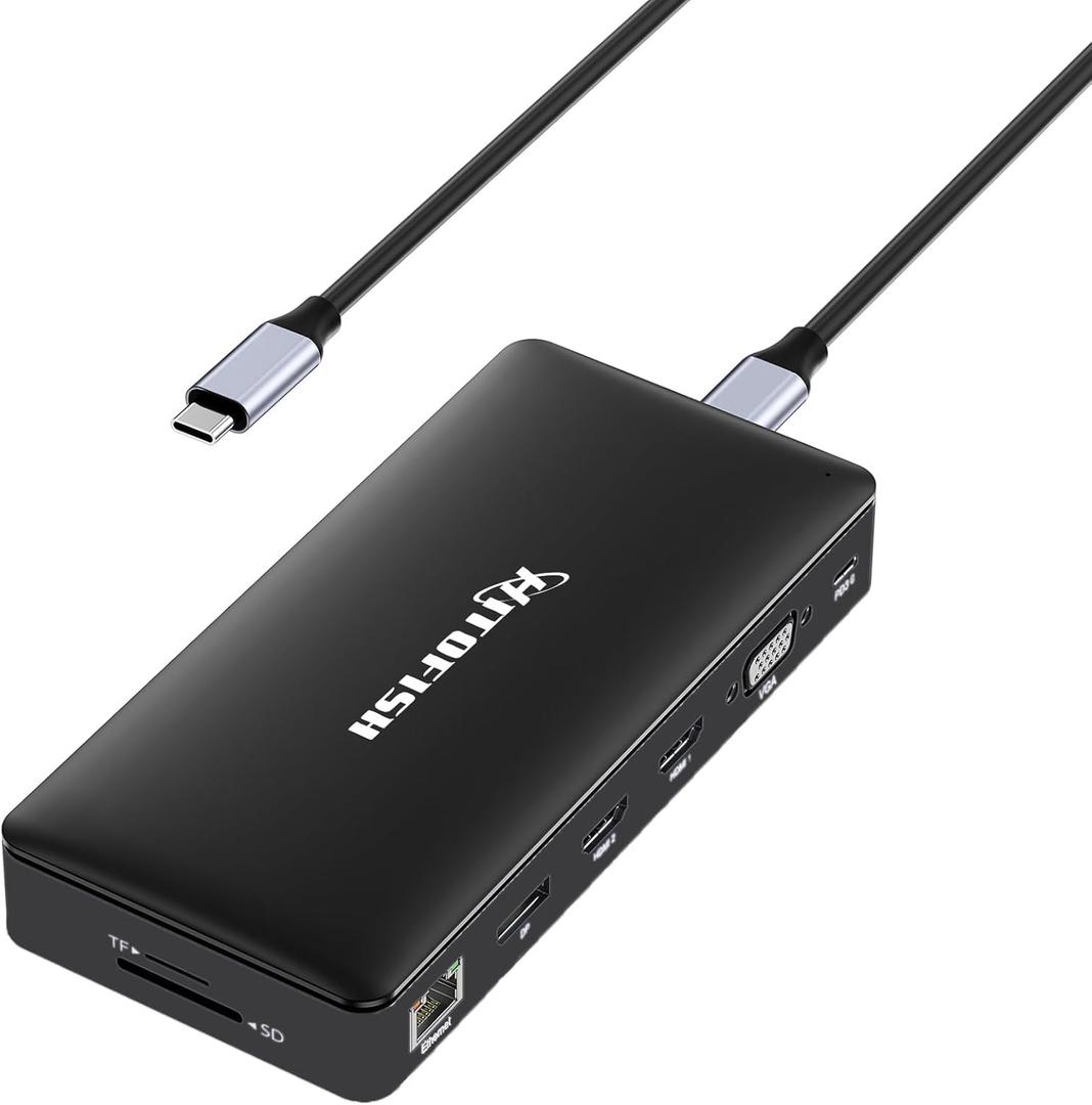 USB C Laptop Docking Station Dual Monitor, 15 in 1 Multiport Adapter with 4K Triple Display Compatible for MacBook/Dell/HP/Lenovo (2 HDMI, DP, VGA, USB Ports, RJ45, SD/TF, Mic/Audio, PD) Dark Black