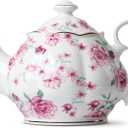BTaT- Floral Tea Pot with Gift Box, 38 oz, White with Pink Roses & Gold Trim, Porcelain Teapot Ceramic, Dishwasher Safe